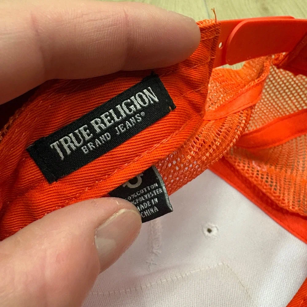 True Religion Mens World Tour Trucker Hat Orange White Buddha Logo Snapback Cap